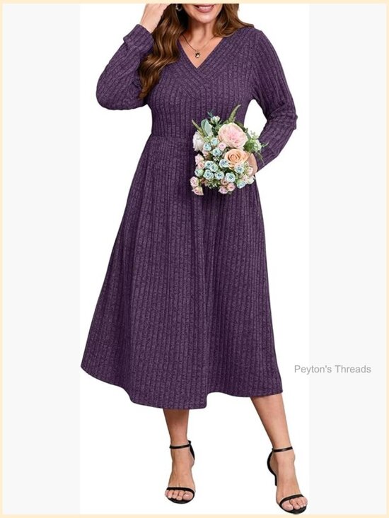 Dresses & Skirts - Plus Size Maxi Sweater Dress with Pockets Long Sleeve V Neck